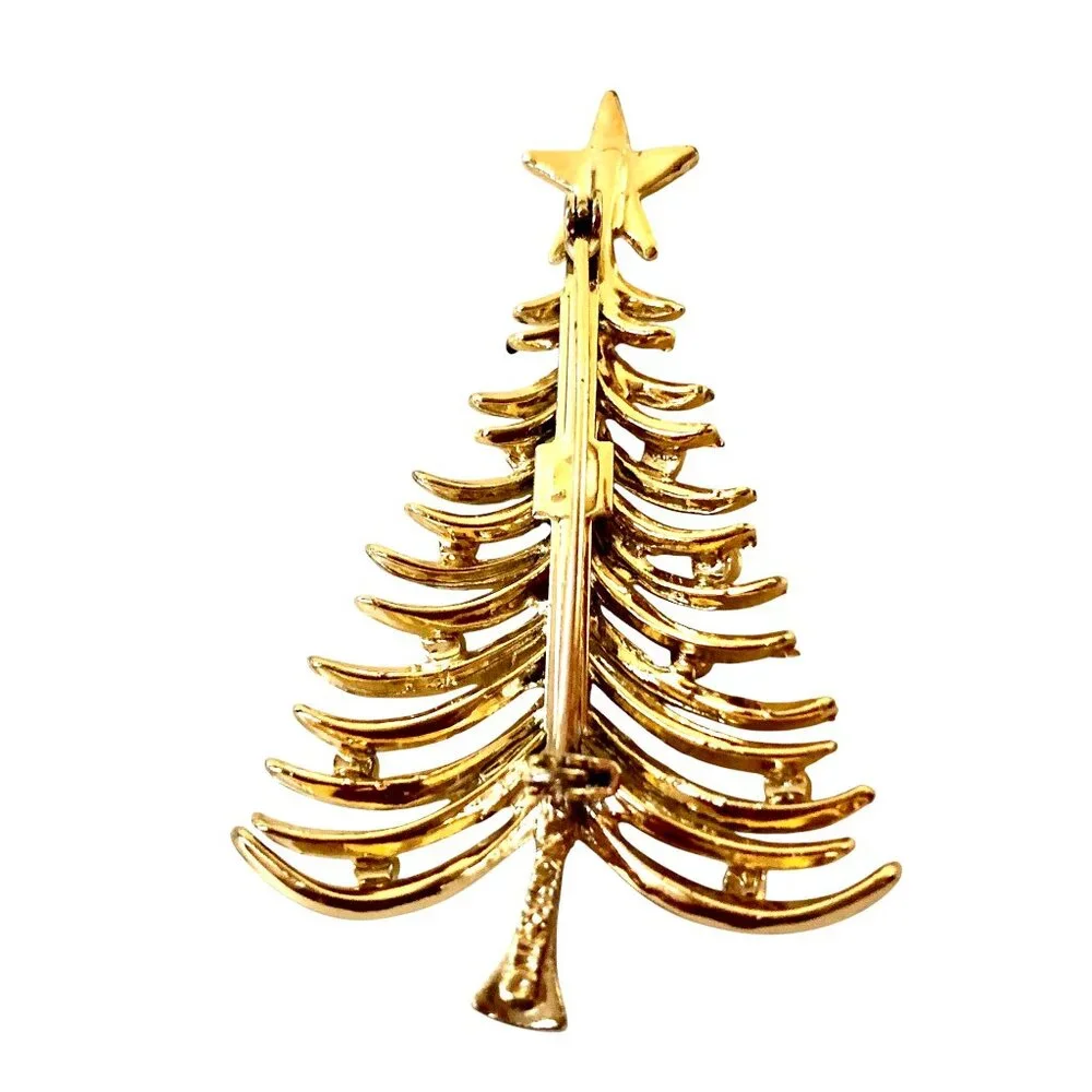 Tancer II Christmas Tree Brooch Vintage Signed Gold-tone Rhinestones